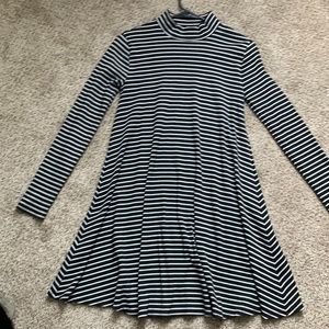 high neck, long sleeve striped dress